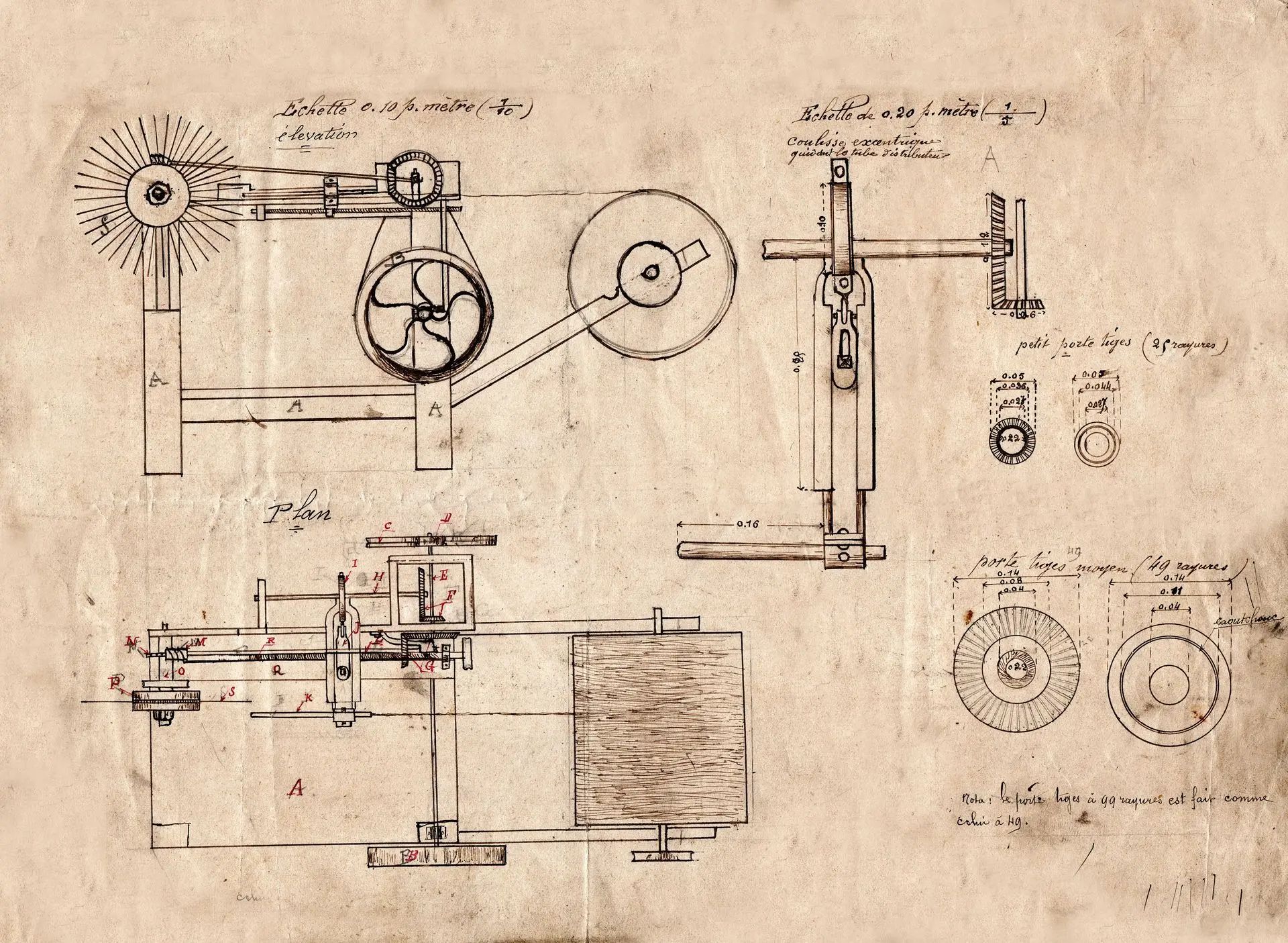 Les plans initiaux ayant permis de dépôt de brevet des machines de l'atelier, exposé au Musée du Scourtin de Nyons.